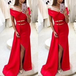 Sexy Red Sheath Prom Dresses Long Off Shoulder Gold Sashes High Side Split Backless Formal Dress Evening Gowns Vestidos De Noiva ogstuff