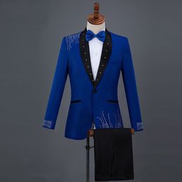 Mens Vintage Wedding Tuxedos Royal Blue Sequins Black Shawl Lapel Groom Wear Pants Suits Formal Men Prom Party Jackets Blazer (Jacket+Pants)