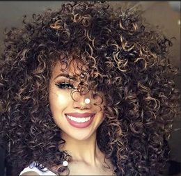black blond highlighted kinky curly hair wig with side parted Heat resistant Fibre synthetic wig capless fashion wig for white women
