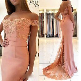 Blush Pink Long Elegant Formal Evening Dress Off The Shoulder Lace Elastic Satin Mermaid Cheap Prom Gowns Custom Made