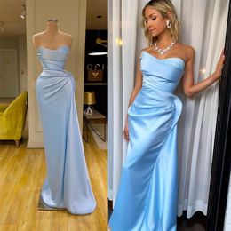 Sky Blue Satin Evening Dresses Sweetheart Long Ruched Prom Gowns Elegant Party Celebrity Dress Custom Made