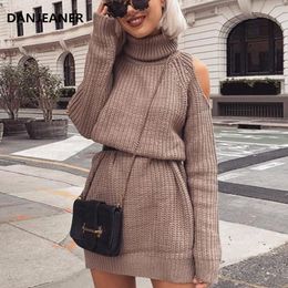 Danjeaner Autumn Winter Turtleneck Off Shoulder Knitted Sweater Dress Women Solid Slim Plus Size Long Pullovers Knitting Jumper T191019