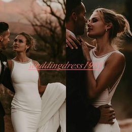 Simple Style Garden Mermaid Satin Wedding Dresses Spring Beads Crew Neck Vestido de novia Bride Dress Custom Arabic Plus Size Bridal Gown