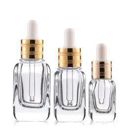 Clear Square Bottles 10ml 20ml 40ml Gold Dropper Lids Essence Oil Bottle For Cosmetic Emulsion Skin Care Product