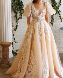 Graceful Floral Appliqued Prom Dresses Deep V Neck A Line Short Sleeves Evening Gowns Plus Size Floor Length Tulle Formal Dress 407