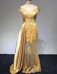 Off The Shoulder Long Evening Dresses Arabic Golden Tulle Applique Ruched Beaded Floor Length Pageant Formal Party Gowns Prom HY4210
