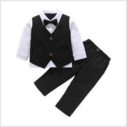 Gentleman Style 2020 New Baby Boys Clothing Sets Handsome Boy Striped Suit Tops with Bowtie+pants 2pcs Set Kids Outfits Children Sets