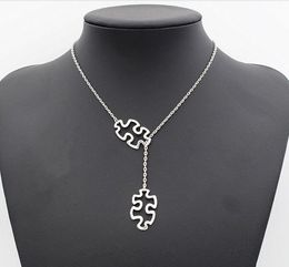 Fashion Casual Tibetan Silver Autism Jewellery Awareness Jigsaw Double Puzzle Piece Pendant Adjustable Cross Lariat Necklace Gifts