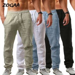 ZOGAA Linen Trousers Men's Summer Trousers Linen Comfort Men's Pants Stretch Waist Straight Breathable Solid Casual
