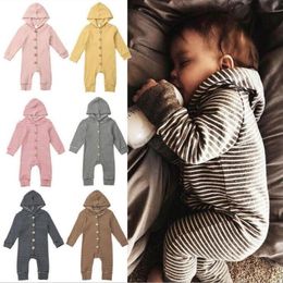 Boys Striped Rompers Kids Designer Clothes Child Long Sleeve Hooded Jumpsuits Infant Knit Thermal Boutique Climb Clothes Overall Pants c6991