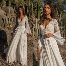 Sale Line Lace Beach Wedding Dresses V Neck Bohemian Long Sleeves Bridal Gowns Floor Length Chiffon Robes De Marie 407
