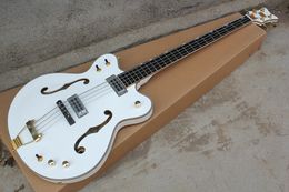 Factory Custom White 4-String Semi-Hollow Electric Bass Guitar with Gold Binding,Rosewood Fretboard,Gold Hardwares,Offer Customised