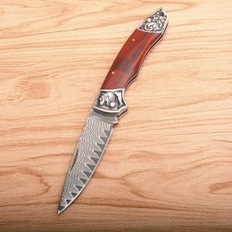 fast damascus steel pocket folding knife drop point blade rosewood handle outdoor edc knives gift knife