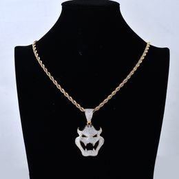 18K Gold & White Gold Plated Full CZ Cubic Zirconia Halloween Vampire Monster Mask Pendant Necklace Twist Chain Hip Hop Jewelry Gift for Men