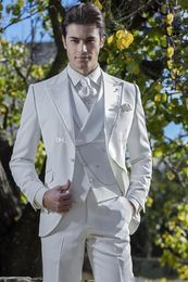 Fashionable White Man Work Suit Groom Tuxedos Peak Lapel Men Wedding Party Dress 3 pieces Business Suits (Jacket+Pants+Vest+Tie) K194