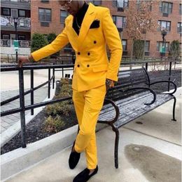 Yellow Groom Tuxedos Double-Breasted Groomsmen Wedding Tuxedos Excellet Men Formal Dinner Party Prom Jacket Blazer Suit(Jacket+Pants+Tie)111