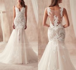 V-neck See Though Top Lace Wedding Dress Bridal Gowns 2020 New Fashion Mermaid Style Applique Draped Tulle Vestidos De Novia Party Dress
