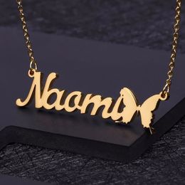 Personalized Name Necklace With Butterfly Symbol Customized Nameplate For Birthday Gift Gold Stainless Steel Choker Jewelry