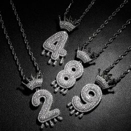 -Хип-хоп ожерелья ювелирные изделия роскошные Циркон ожерелья мода Мужчины Женщины родий 18K позолоченная медь Корона номер кулон пара ожерелья