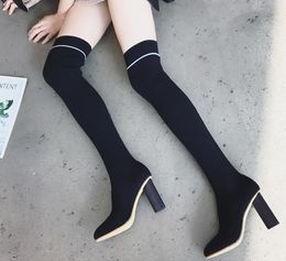Hot Sale- Winter Stretch Fabric Thigh-High Boots Show Thin Woman Boots Solid Sexy Heels Femal Pointed Toe Warm Shoes Women Over Knee Boots