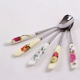 Ceramic Handle Flower Coffee Spoon Long Stainless Steel Tea Spoons Dessert Tea Scoop Tableware