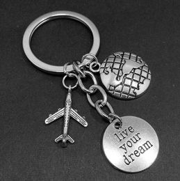 Tibetan silver Live your dream Pilot Dream Keychain Aeroplane Passport Travel charm pendant key chain ring DIY Fit Keychain 141