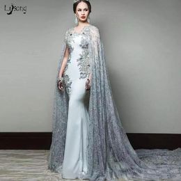 Lebanon Blue Grey Evening Dress Lace Floor Length Cape Clock Appliques Beaded Prom Formal Maxi Gowns Vestido de festa Women Party Wear Gown