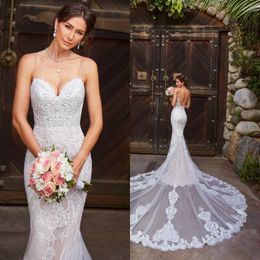 beaded mermaid wedding dresse sexy spaghetti strap appliqued lace bridal gown backless couirt train custom made tulle wedding gown