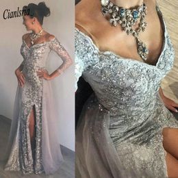 Luxurious Silver Off The Shoulder prom Dress High Split Lace Beading Crystal Formal Evening Party Dresses robe de soiree