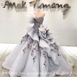 Stunning Light Gray 3D Flowers Evening Ball Gowns Strapless Women Formal Party Maxi Gowns Vestido Festa Major Made Gorgeous Evening Dress