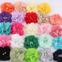 2" 16colors Hair Clips Chiffon Flower+Rhinestones And Pearls For Girls Hair Accessories Fabric Flowers For Headbands