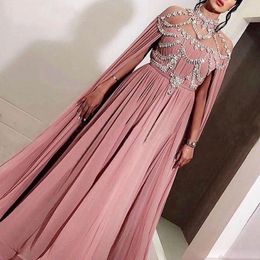 2019 Arabic Chiffon Long Evening Dress Party Elegant for Women Dubai Caftan Crystal High Neck Prom Gown Formal Dress Robe de soiree