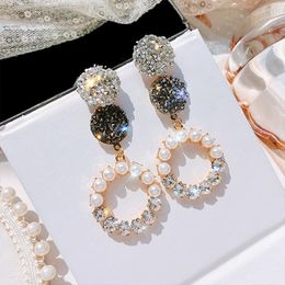 Fashion-New Arrival Fashion Metal Classic Geometric Women Long Dangle Earrings South Korea's Sweet Super Round Pearl Jewellery For Female