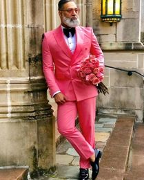 Hot Pink Mens Wedding Tuxedos Double-Breasted Groom Groomsmen Tuxedos Brand New Man Blazers Jacket 2 Piece Suit(Jacket+Pants+Tie) 2369