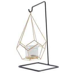 Nordic Gold Geometric Hanging Tealight Holder with 10" Tall Black Iron Stand Pentagon Metal Wire Candle Lantern Modern Centrepieces