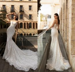 sexy hot sell mermaid wedding dresses spaghetti strap sleeveless appliqued sequins lace bridal dress court train custom made robes de marie