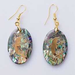 Womens Jewellery Charm Hook Earrings Natural Abalone Paua Shell with Gold Foil Dolphin Pattern 5 Pairs