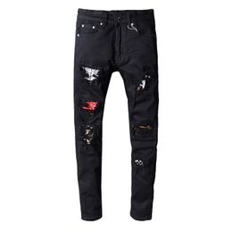 New Style Herren Distressed Jeans Destroyed Badge Hose Gerippte Patches Blau Skinny Biker Jeans Slim Hose Streetwear