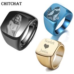 Personalized Customized Engrave Name Photo Ring Stainless Steel Mens Signet Rings Family Photo Male Engagement Wedding Rings