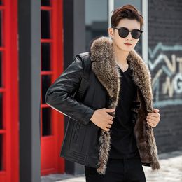 Winter Jacket Men Genuine Leather Coats Shearling Jackets Raccon Fur Collar Outdoor Tops Snow Wear Outerwear Overcoat Thickening Warm 2019