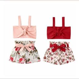 Baby Clothing Sets Kids Girls Big Flower lace-up Top Ruffle Shorts Suits Children Summer Fashion Suspender Vest Bowknot Pants Suit YP812