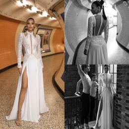 Lior Charchy Lace Long Sleeve Dresses High Collar Side Splits Sexy Boho Wedding Dress Plus Size Bridal Gowns