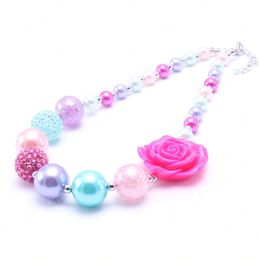 Newest Design Hot Pink Flower Kid Chunky Necklace Bubblegum Bead Baby Girl Chunky Necklace Jewellery For Toddler Children