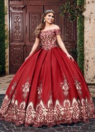 2020 Wine Red Nude Ball Gowns Vestidos De Quinceanera Dresses Lace Applique Beaded Crystal Off The Shoulder Short Sleeve Sweet 16 290h