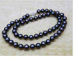 Free shipping stunning 8-9mm tahitian blak blue pearl necklace 18inch 14k