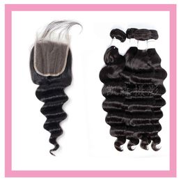 Brazilian Human Hair Loose Deep Bundles With Four By Four Lace Closure Middle Three Free Part Loose Deep Hair Extenisons With 4x4 Closure