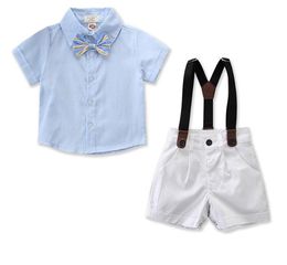 Europe Summer Infant Baby Boys Set Kids Bowtie Short Sleeve Shirt + Suspender Pants Gentleman Boy 2pcs Set Children Outfits 14538
