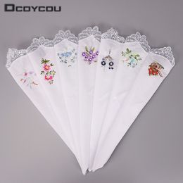 5PCS Vintage Bomull Tjej Kvinnor Servett Broderad Butterfly Lace Flower Handkerchief C19041301
