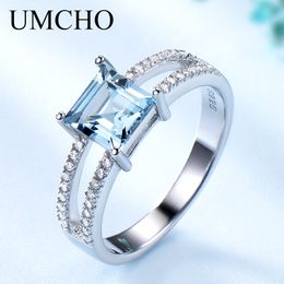UMCHO Solid 925 Sterling Silver Jewellery Created Nano Sky Blue Topaz Rings For Women Cocktail Ring Wedding Party Fine Jewellery