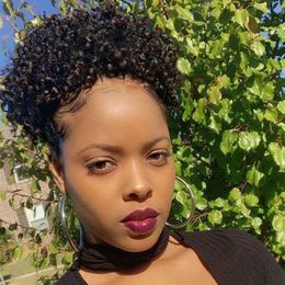 Natural Looking Human Hair Afro Puff Drawstring Ponytail for Women-Graceful Afro Black Kinky Curly Ponytail Clips-Short Afro Curly Extension